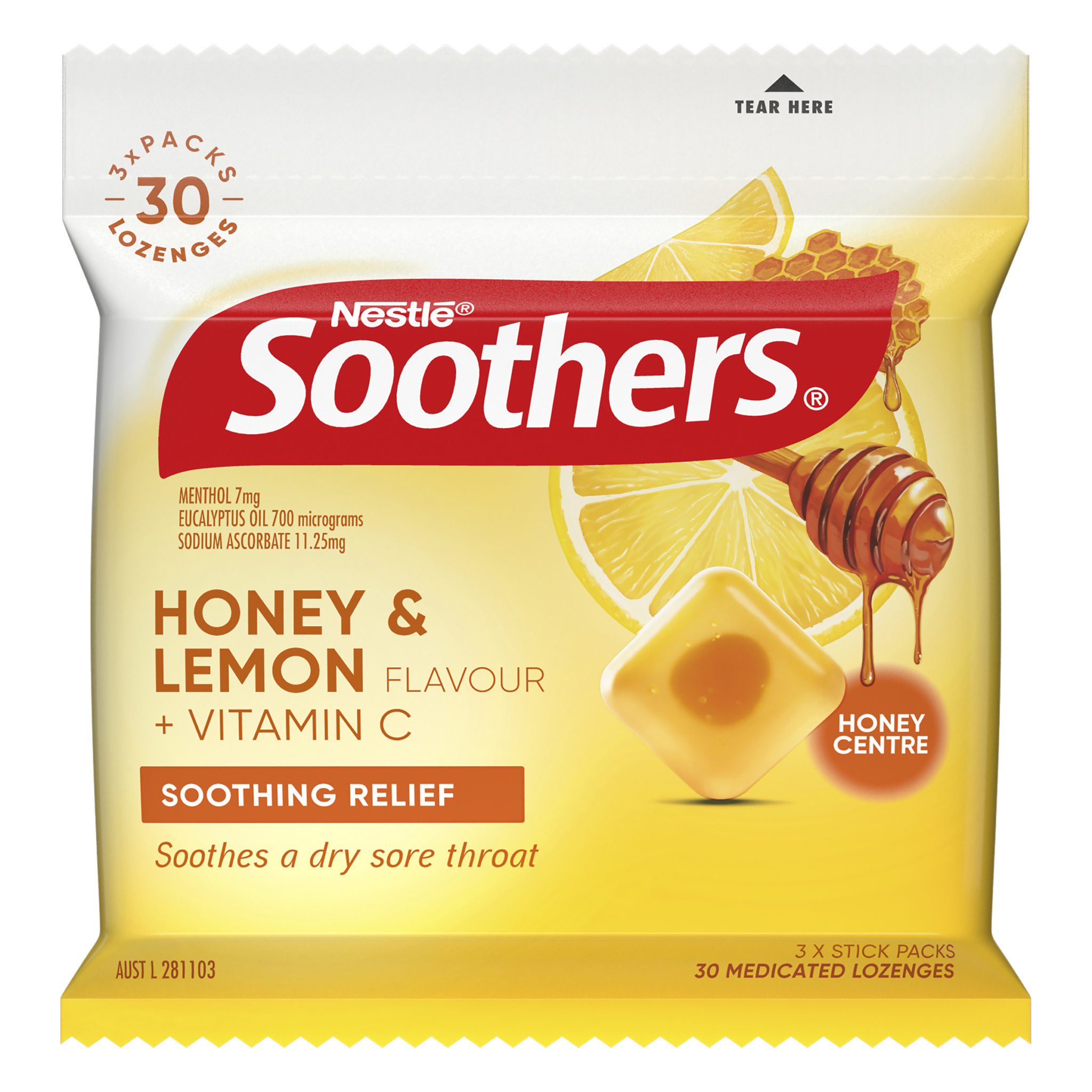 Nestle SOOTHERS Honey & Lemon Flavour Throat Lozenges 3 x 10 Multipack