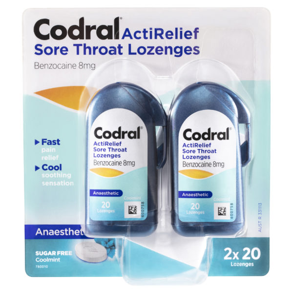 Codral ActiRelief Sore Throat Lozenges Anaesthetic Coolmint 2 x 20 Pack