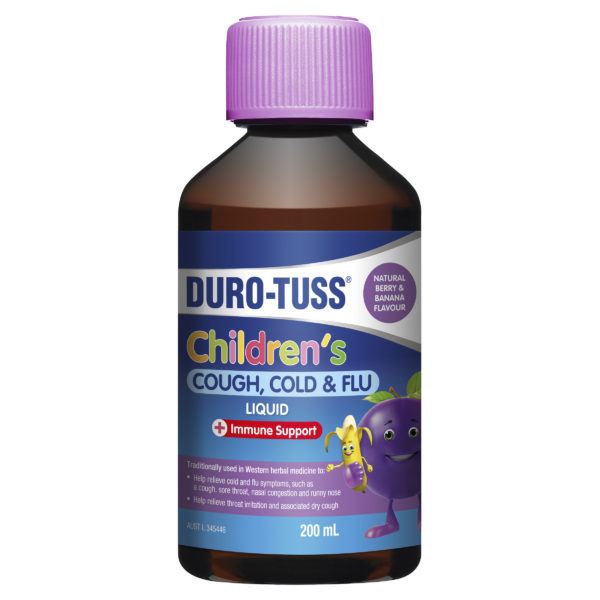 Duro Tuss Children's Cough, Cold & Flu Liquid Berry & Banana Flavour 200mL